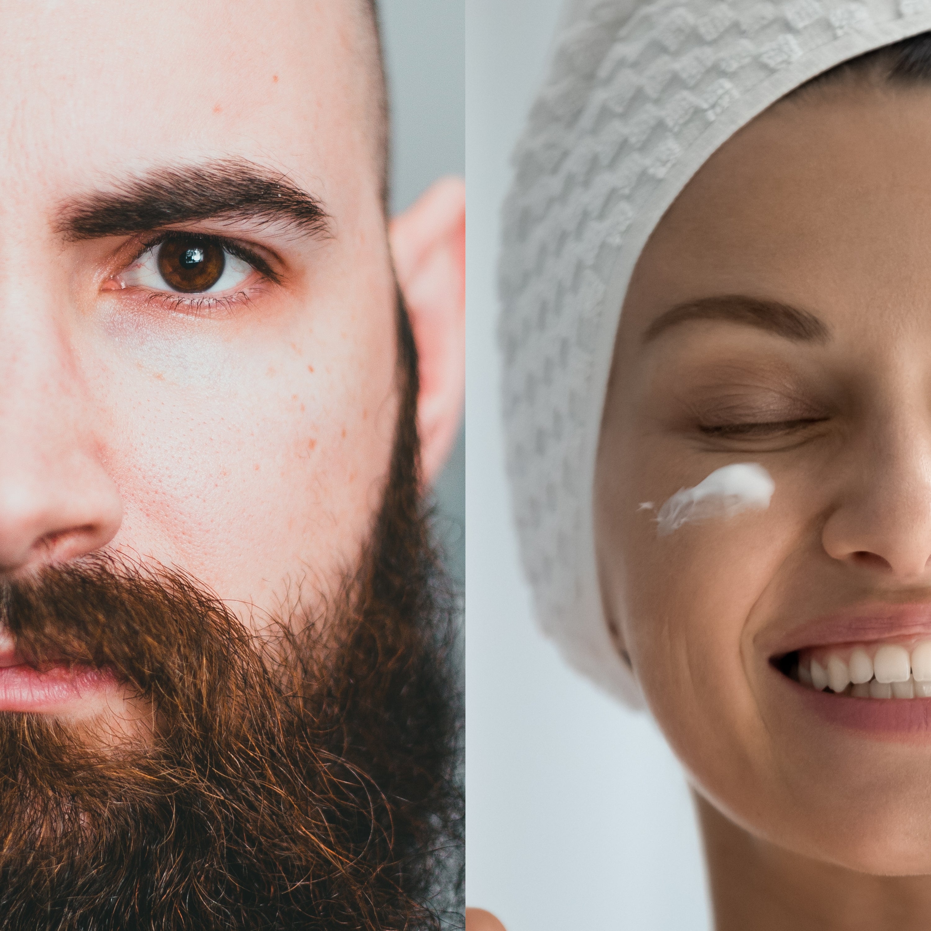 Comparison photo of a man with a beard and a woman using face lotion. Better breathing mouth tape can be used for both types of customers. 